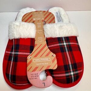 NWT Primark L 9/10 US Red Plaid Tartan Memory Foam Slippers Faux Fur Cozy.